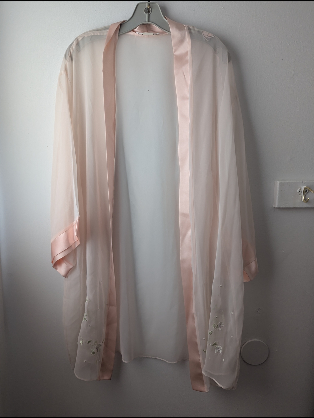 Josie Sheer Pale Pink Satin-Trim Kimono Robe - Lightweight Elegant Lounge Robe S